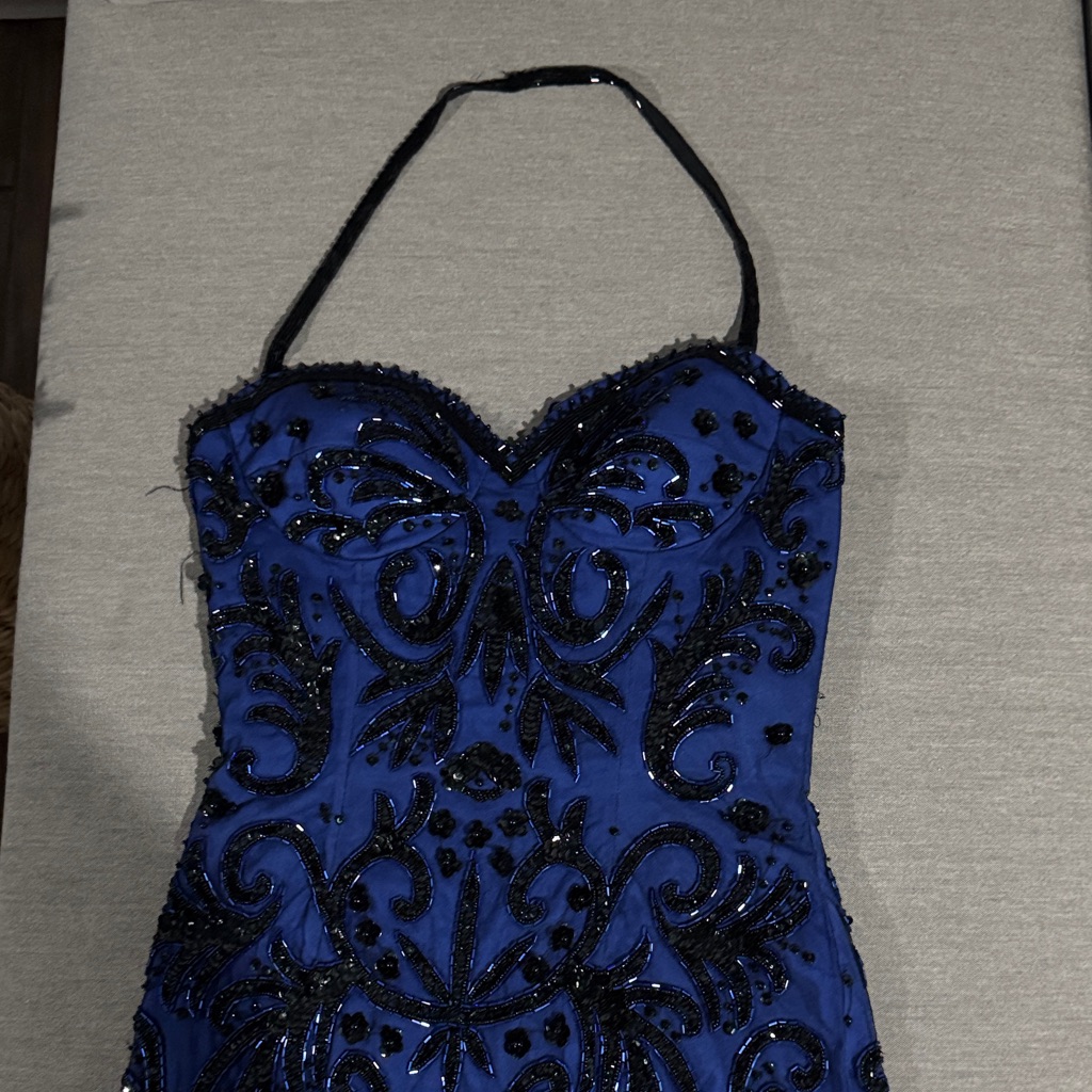 Niteline Vintage Elegant Blue And Black Halter Dress 100% Silk Shell